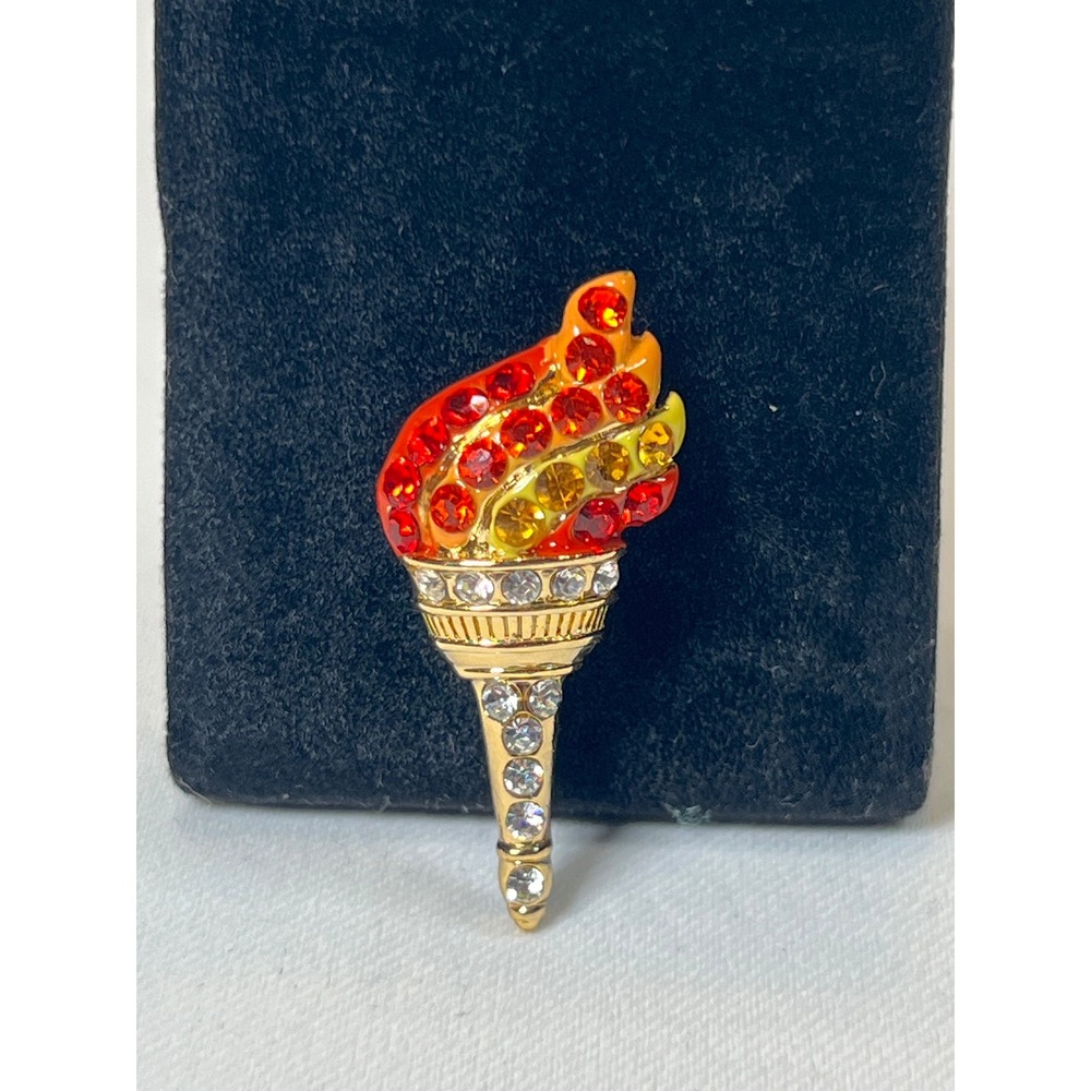 Gold Tone Rhinestone Fire Torch Brooch Pin Red Orange Yellow Crystal Achievement